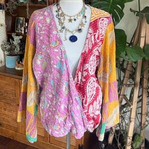 Kantha Bae Birds & Floral Kantha Deep V Drapey Faux Wrap Shirt OS